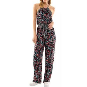 Kingston Gray Jumpsuit Size Medium Floral Print‎ Tie Front Halter NEW